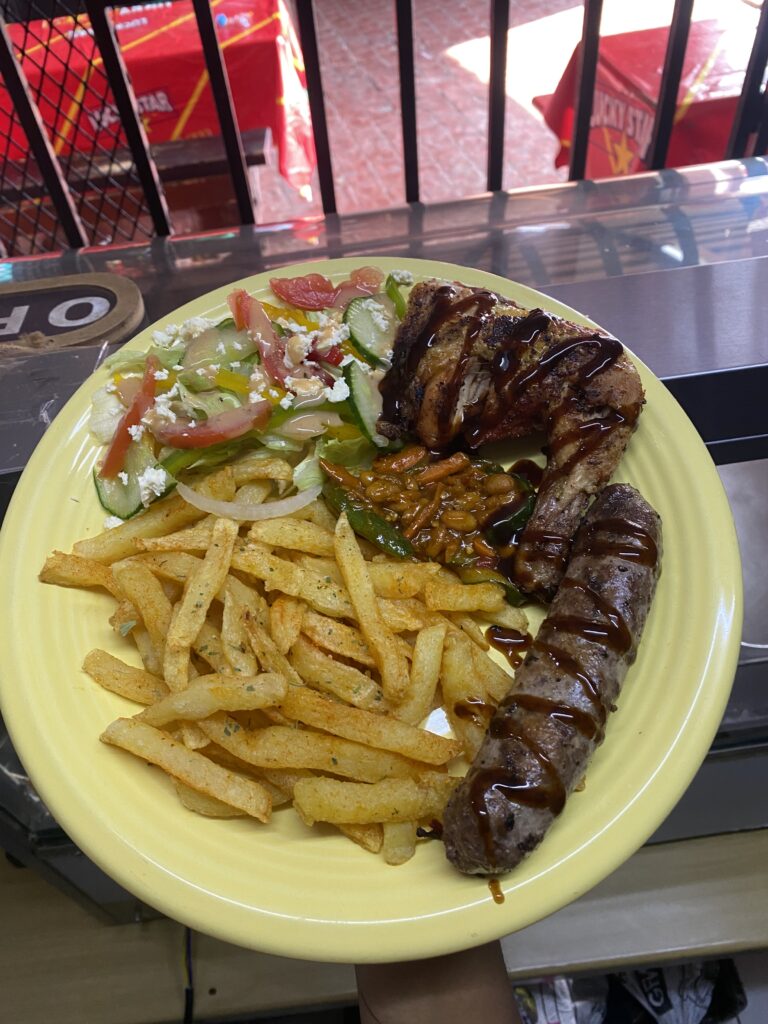 Chubby Cheeks Eatery serving food meat, chips, chakalaka and salad